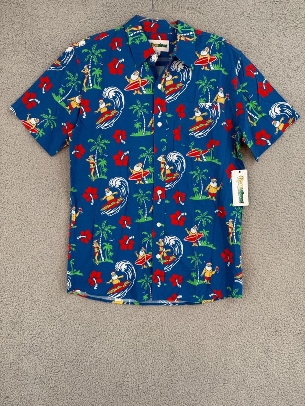 Tipsy Elves Men’s Large short sleeve button up Christmas Blue Hawaiian Shirt fun